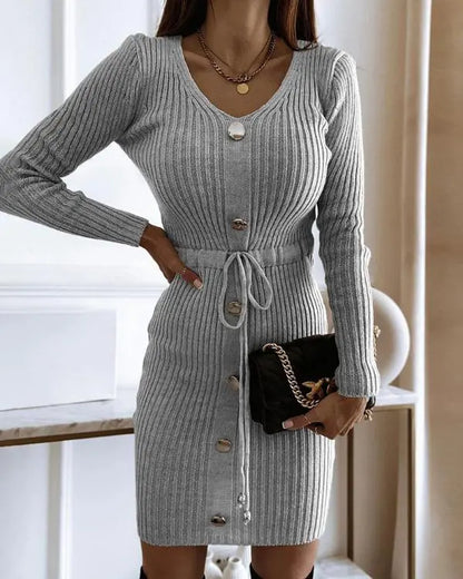 V-Neck Long Sleeve Knit Sweater Dress Button Decor Drawstring Waist Mini Dress