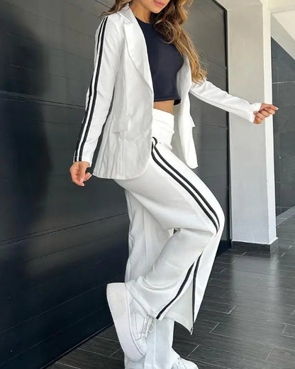 2 Piece Stripe Print Notched Collar Long Sleeve Coat Slit Straight Pants Work Pants Set