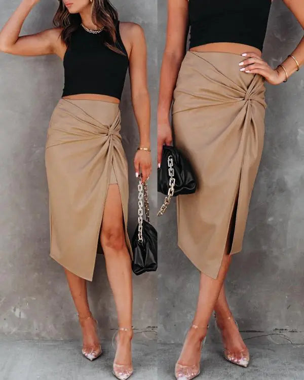 PU Leather Front Twisted Knot Slit Asymmetrical Midi Skirt
