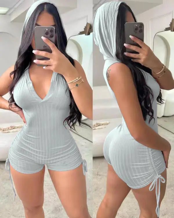 Side Drawstring Slim Fit Sleeveless Hooded Romper