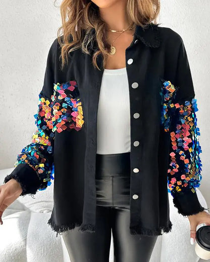 Colorblock Sequin Patchwork Long Sleeve Jacket Top Button Front Raw Hem Shacket