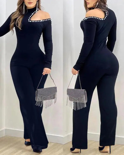 Rhinestone Cold Shoulder High Neck Jumpsuit Long Sleeve Slim Fit Flared Jumpsuit