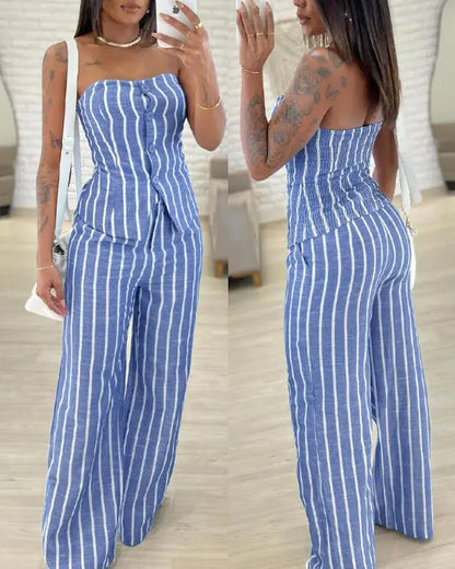 2 Pieces Striped Print Bandeau Button Front Top and Casual Loose Fit Pants Set