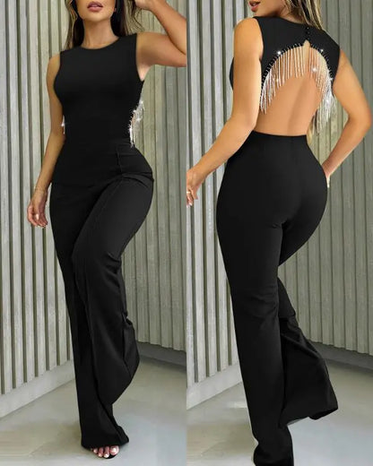 Round Neck Sleeveless Rhinestone Chain Jumpsuit Casual Backless Loose Rompers