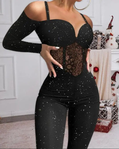 Rhinestone Plunge V Neck Long Sleeve Jumpsuit Slim Fit Waist Rompers