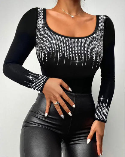 Rhinestone Bandeau Sheer Mesh Slim Fit Long Sleeve Tee Sexy Top