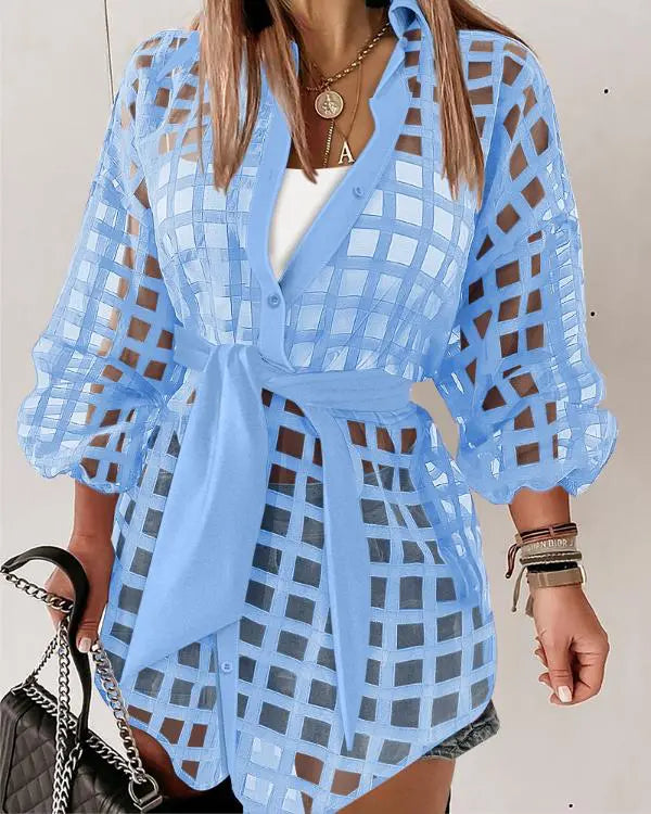 Bronzing Chevron Print Turn-down Collar Tied Detail Shirt Dress
