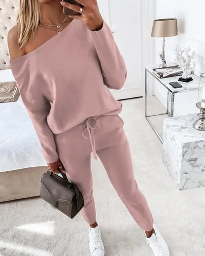 2 Piece Lounge Outfit Long Sleeve Skew Neck Pullover Tops Stretchy Waist Pants Set Tracksuit