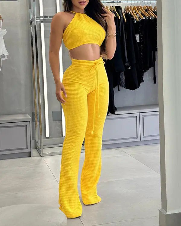 2 Piece Waffle Knit Halter Backless Crop Top High-Waisted Drawstring Wide Leg Casual Pants Set