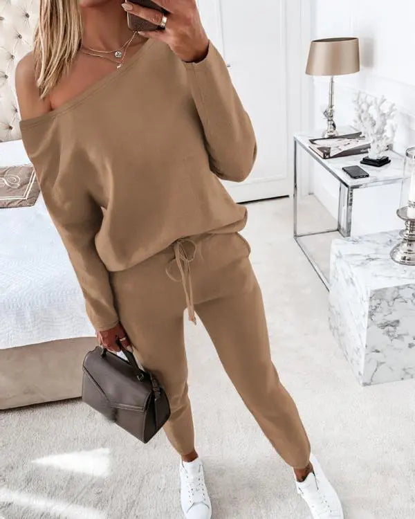 2 Piece Lounge Outfit Long Sleeve Skew Neck Pullover Tops Stretchy Waist Pants Set Tracksuit