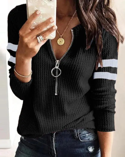Striped Print Zipper Front Long Sleeve Top  Waffle Knit Loose Fitting Tunic Tops