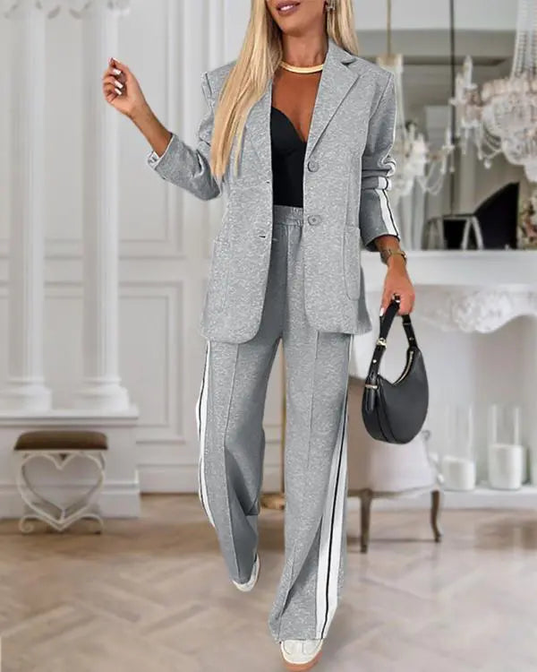 Striped Side Sporty Tape Notched Collar Front Button Blazer Wide-Leg Pants with Pockets Pants Set