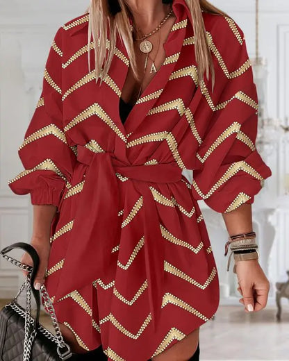 Bronzing Chevron Print Turn-down Collar Tied Detail Shirt Dress