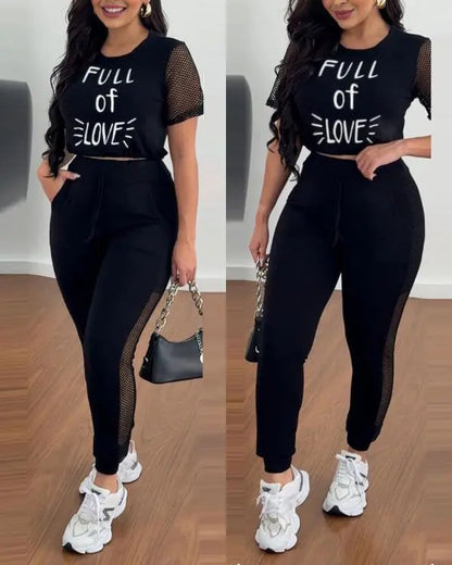 2 Pieces Letter Print Round Neck Sheer Mesh Patchwork Top and Casual Pocket Design Slim Fit Pants Set