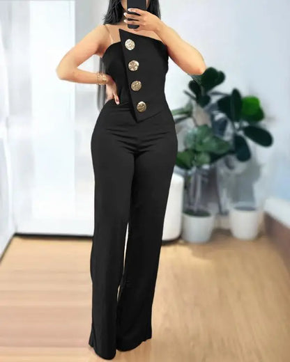 Asymmetrical Bandeau Strapless Jumpsuit Metal Button Decor Casual Overalls