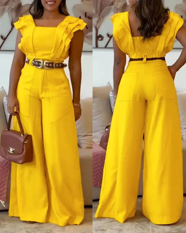 2 Piece Sqaure Neck Flutter Sleeve Shirred Top High Waist Wide Leg Pants Elegant Pants Set