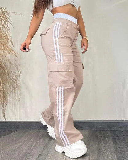 Striped Tape Patch Shirred Stretchy High Waist Pants Pocket Design Cargo Pants