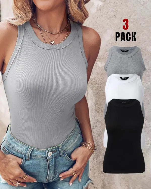 3-Pack Knit Round Neck Thick Strap Racerback Tank Tops