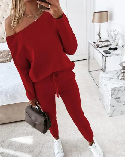 2 Piece Lounge Outfit Long Sleeve Skew Neck Pullover Tops Stretchy Waist Pants Set Tracksuit