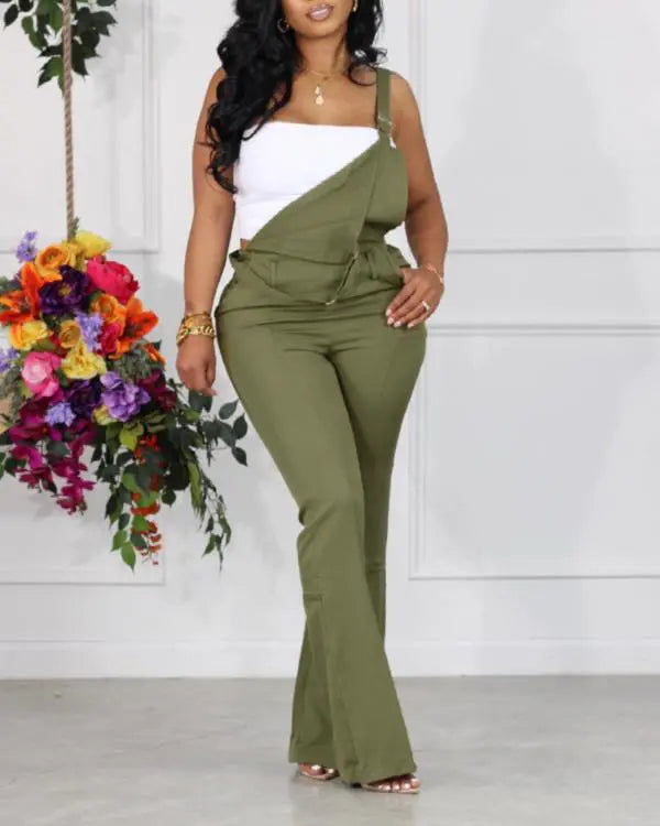 Pocket Design Back Shirred Slit Hem Suspender Jumpsuit