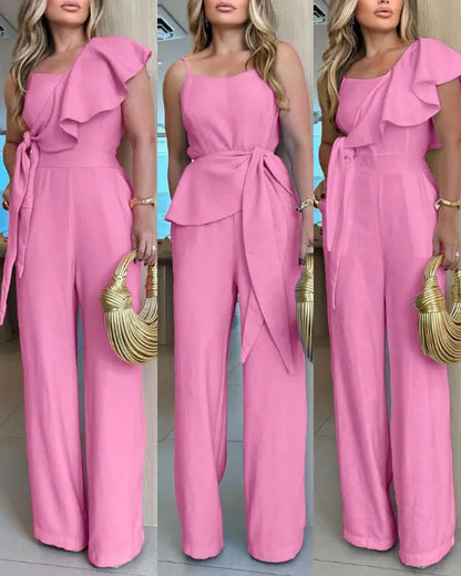 V Neck Spaghetti Strap Ruffles Tied Detail Jumpsuit  Casual Loose Fit Romper