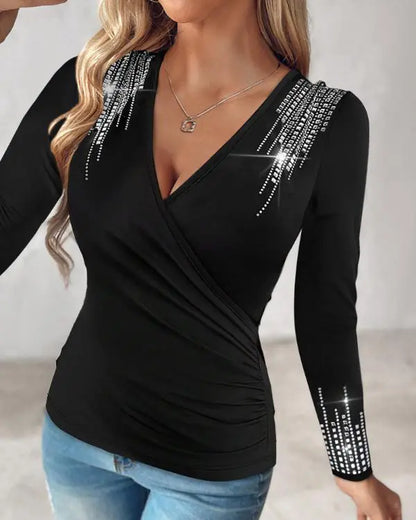 Rhinestone Decor Ruched V-Neck Top