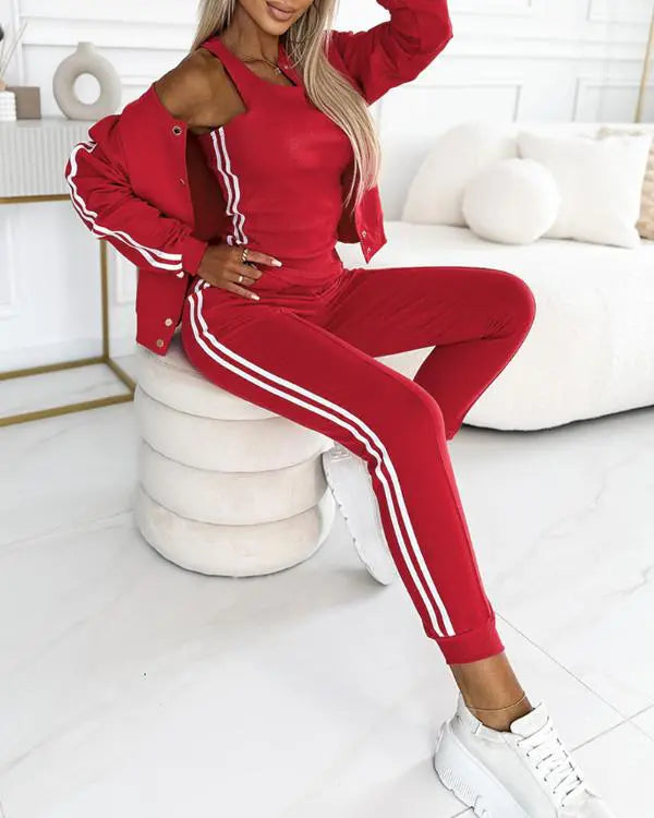 3 Piece Outfits Matching Sets Striped Tape Patch Tank Tops Button Front Jacket Cuffed Pants with Pockets Tracksuit