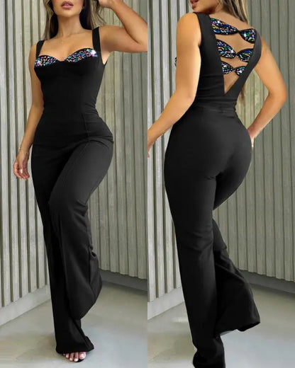 V Neck Sleeveless Contrast Sequin Jumpsuit Sexy Back Hollow-out Waisted Romper