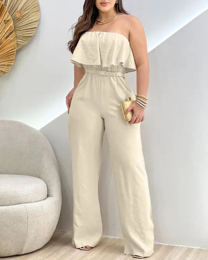 Bandeau Sleeveless Ruffles Jumpsuit with Belt Casual Waist Pocket Design Loose Fit Romper