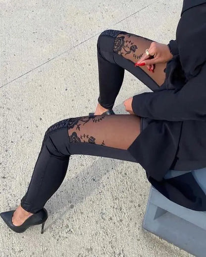 Sheer Mesh Lace Embroidery Patch Skinny Pants