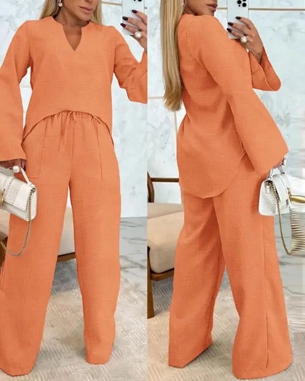 2 Piece Notch Neck Long Sleeve Asymmetrical Hem Tops Stretchy Waist Straight Leg Pants Lounge Sets Tracksuit