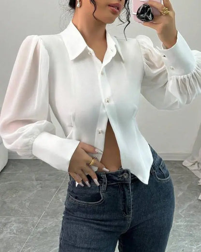 Ciff Lantern Sleeve Turn-down Collar Cinched Waist Beaded Decor Blouse Casual Top