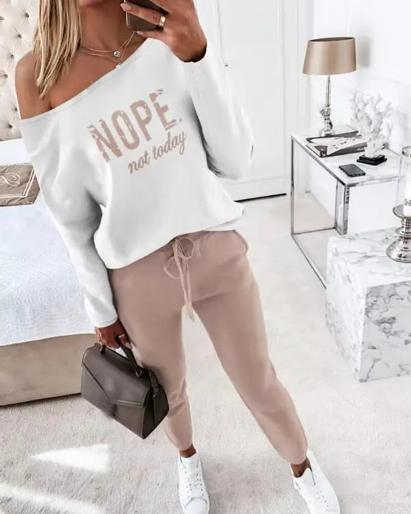 2 Piece Outfit Nope Not Today Print Skew Neck Long Sleeve Pullover Top with Stretchy Waist Long Pants Tracksuit Jogger Set