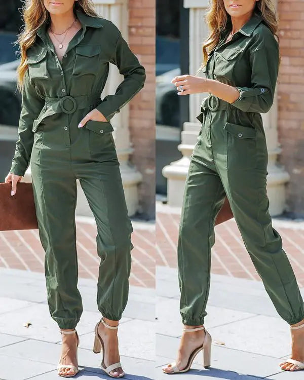 Roll Up Sleeve Pocket Design Shirred Buckled Cargo Jumpsuit