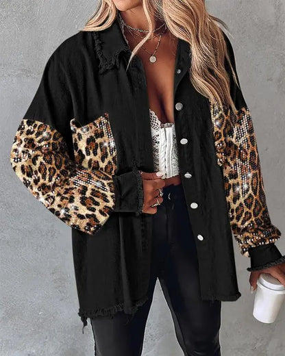 Casual Jacket Sequin Patchwork Long Sleeve Jacket Top Button Front Raw Hem Oversized Denim Shacket