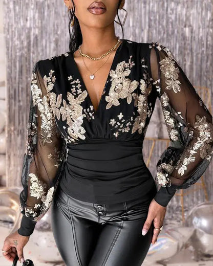 Floral Embroidery V-Neck Sheer Mesh Cinched Waist Blouse Casual Top