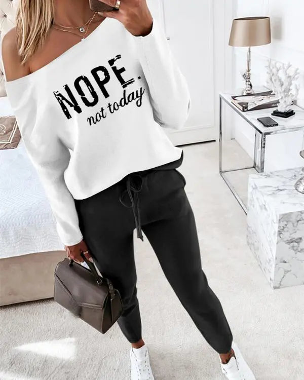 2 Piece Outfit Nope Not Today Print Skew Neck Long Sleeve Pullover Top with Stretchy Waist Long Pants Tracksuit Jogger Set