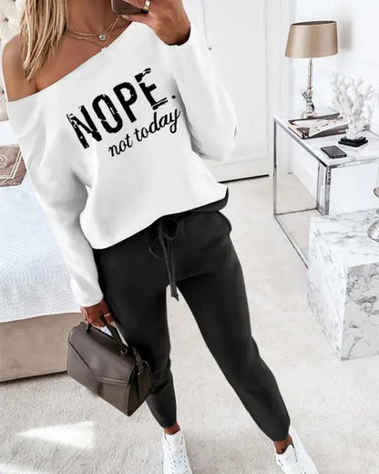 2 Piece Outfit Nope Not Today Print Skew Neck Long Sleeve Pullover Top with Stretchy Waist Long Pants Tracksuit Jogger Set