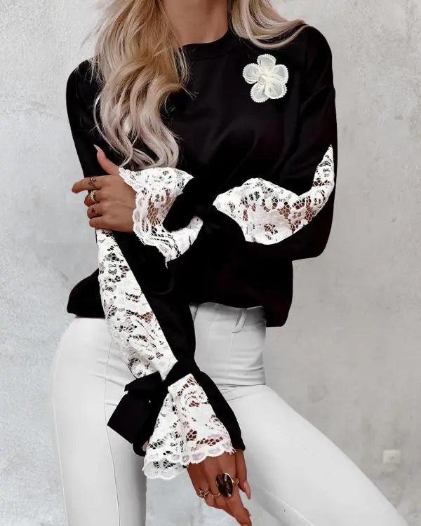 Colorblock Floral Pattern Tied Long Sleeve Lace Patch Sweatshirt