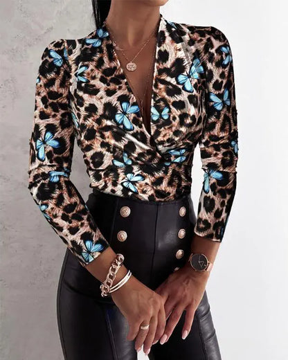 Leopard Print V-Neck Criss Cross Long Sleeve Shirts Casual Top