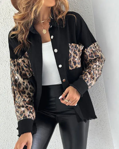 Colorblock Sequin Patchwork Long Sleeve Jacket Top Button Front Raw Hem Shacket