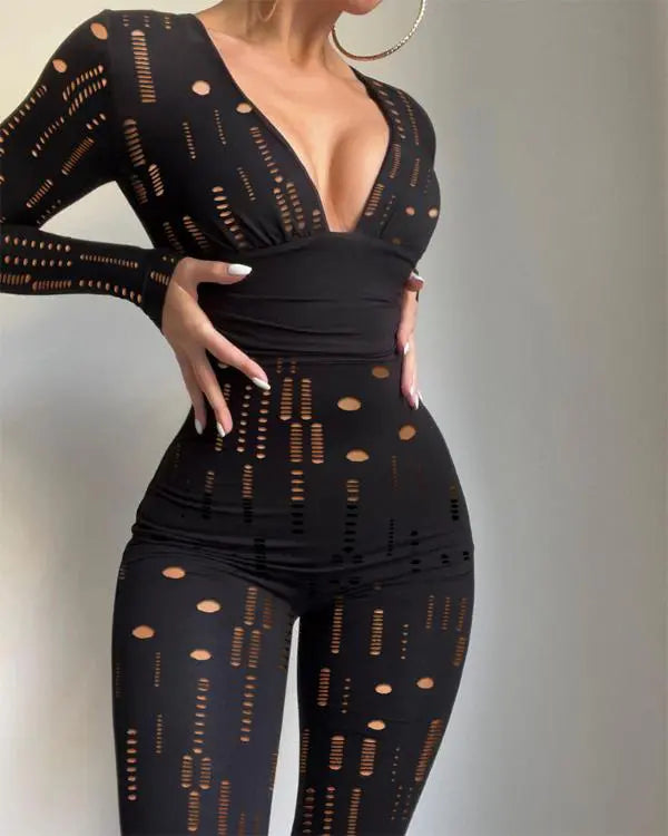 Rhinestone Plunge V Neck Long Sleeve Jumpsuit Slim Fit Waist Rompers