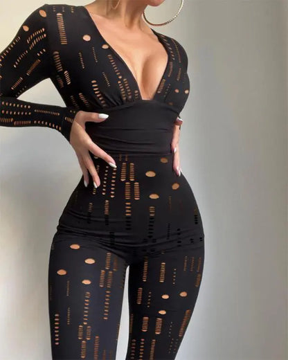 Glitter Cowl Neck Long Sleeve Jumpsuit Sexy Waist Slim Fit Rompers