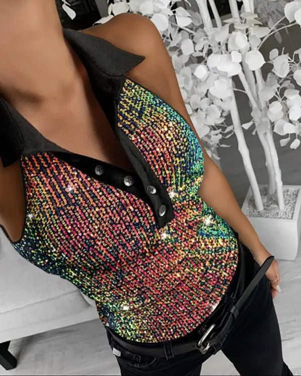 Rhinestone Contrast Sequin Keyhole Neck Sleeveless Slim Fit Elasticity Ribbed Top Elegant Tank