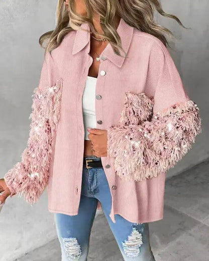 Contrast Sequin Tassel Design Fuzzy Patchwork Shacket