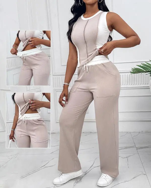 2 Piece Loungewear Set Colorblock Tank Top and Straight Leg Pocket Design Pants Tracksuit Casual Outfits