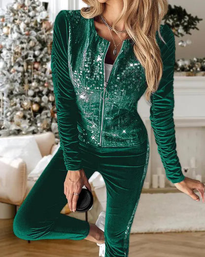 2 Piece Velvet Tracksuit Outfits Contrast Sequin Ruched Long Sleeve Zip Up Coat Pants Sets