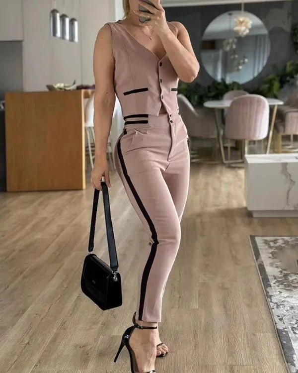 Striped Sleeveless Slim Fit Front Button Vest Set Contrast Binding High-Waisted Cropped Skinny Pants Casual Set