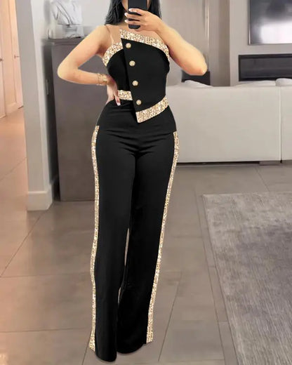 Rhinestone Round Neck Sleeveless Jumpsuit Casual Loose Fit Romper