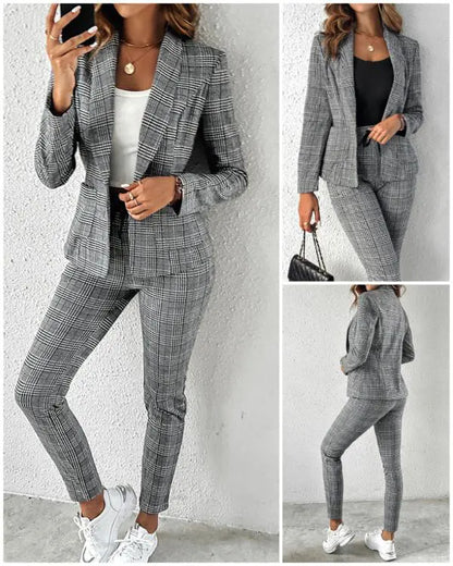 2 Piece Blazer Notched Collar Plaid Print Coat Drawstring Pants Set with Pockets Casual Suits